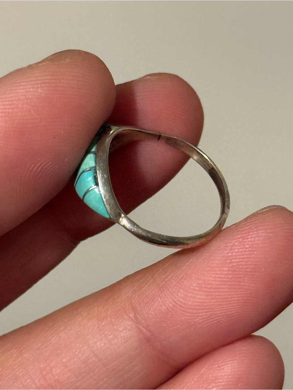 Native Signed Turquoise Inlay Dome Ring - Teal Blue - Picture 3 of 3